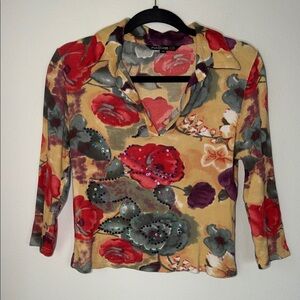 Vintage Natura Floral Ribbed Sequins Embellished Half Sleeve Crop Top Fairycore